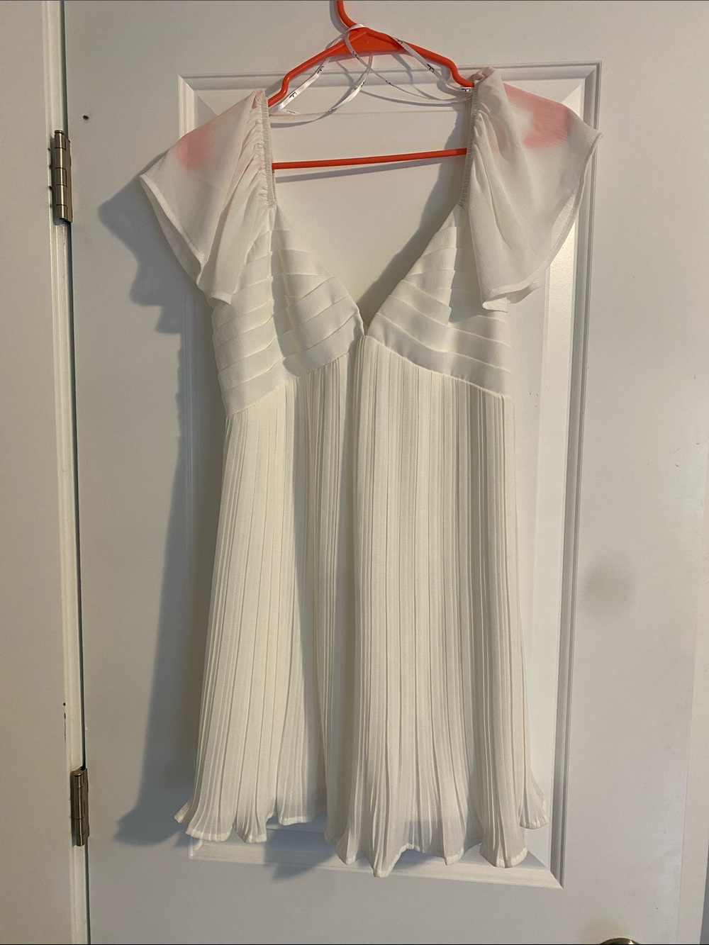 White Pleated Flutter Sleeve Mini Dress